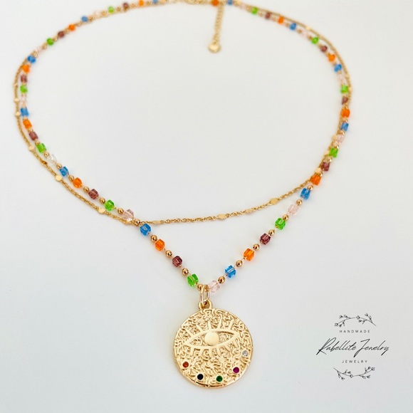 Evil Eye Layered Chain Necklace Mystical Eye Pendant Medallion Necklace - Picture 2 of 5